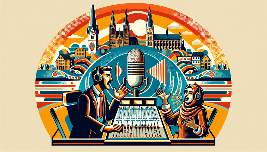 Radio host broadcasting at a local event in Sachsen-Anhalt.