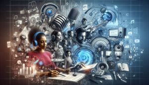 Microphone and laptop symbolizing web radio e-learning.