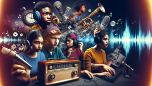 Teenagers learning radio production skills.