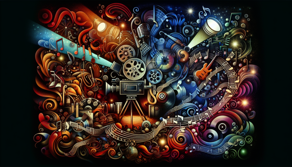 Film reels and musical notes intertwine creatively.