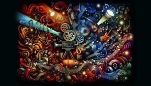 Film reels and musical notes intertwine creatively.