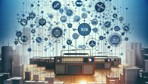 Business professionals discussing B2B web radio marketing.