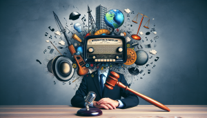 Gavel and radio waves symbolize introductory radio law.