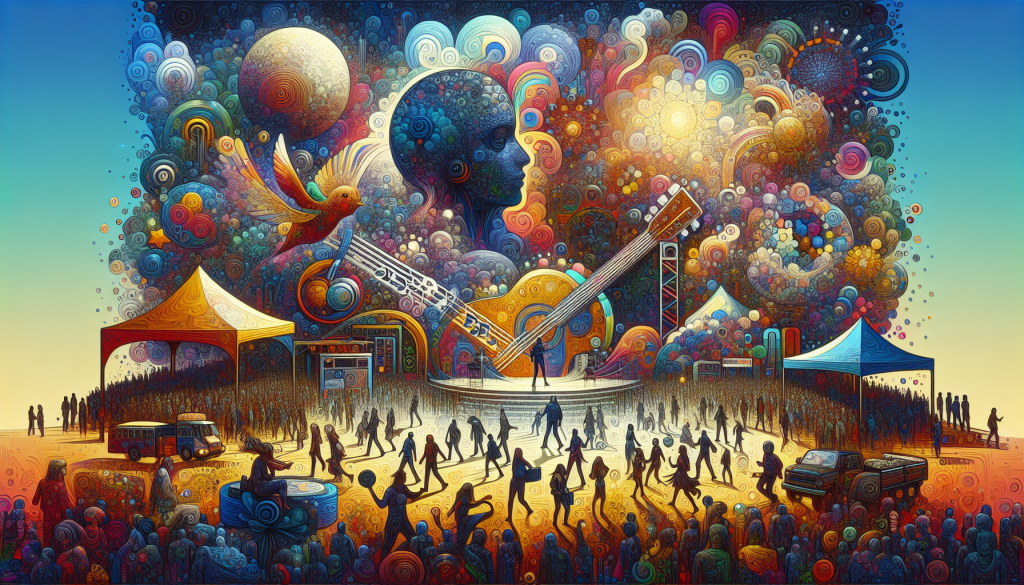 Group of people enjoying a concert festival outdoors.