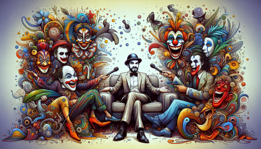 Illustration of a comedian interviewing cartoon characters.